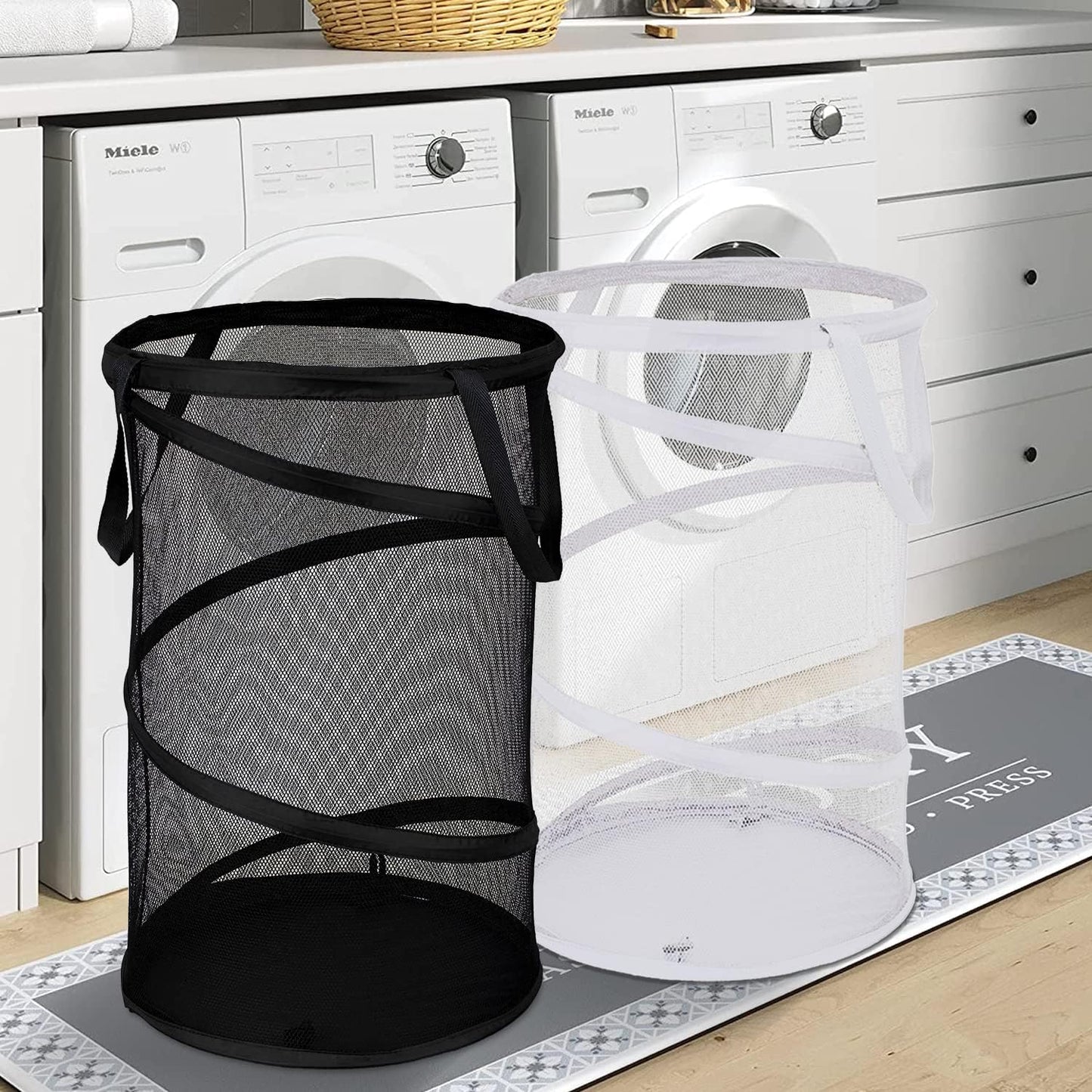 BATTOO 2 Pack Large Collapsible Laundry Basket Foldable Mesh Pop Up Hamper with Handles for Laundry Room, Bathroom, Kids Room, College Dorm, Travel, Storage Organizer Black+White