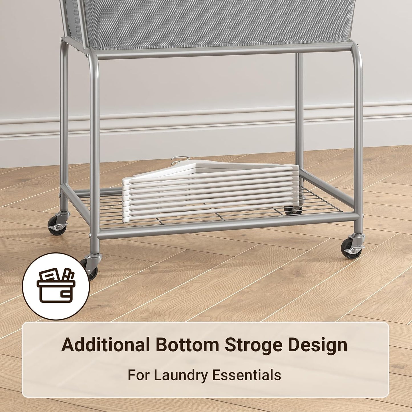 ELYKEN Laundry Cart with Wheels, Rolling Laundry Hamper with Removable Bag and Shelf, Metal Frame Laundry Basket with 4 Casters and 2 Brakes, Ideal for Bedroom, Bathroom, Laundry Room, Gray