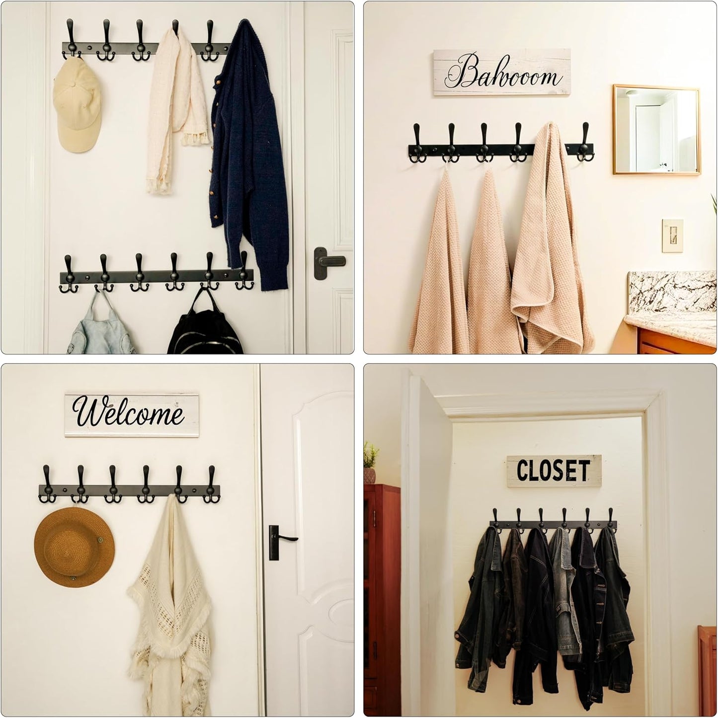 Dseap Coat Rack Wall Mount 2.0 Pro: 24” Long, 3X Tougher, Heavy Duty Stainless Steel Wall Coat Hanger with 6 Tri Hooks for Clothes Jackets Hats Entryway Closet, Black, Pack of 2