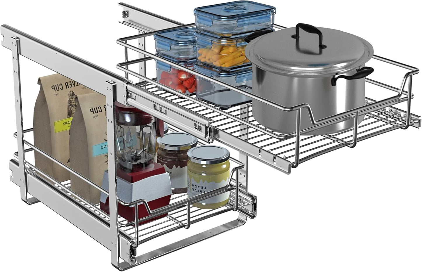 2 Tier Pull Out Cabinet Organizer (11" W x 22" D), Roll Out Shelves and Drawer for Kitchen Pantry Storage Basket, Heavy-Duty Metal Sliding Shelf