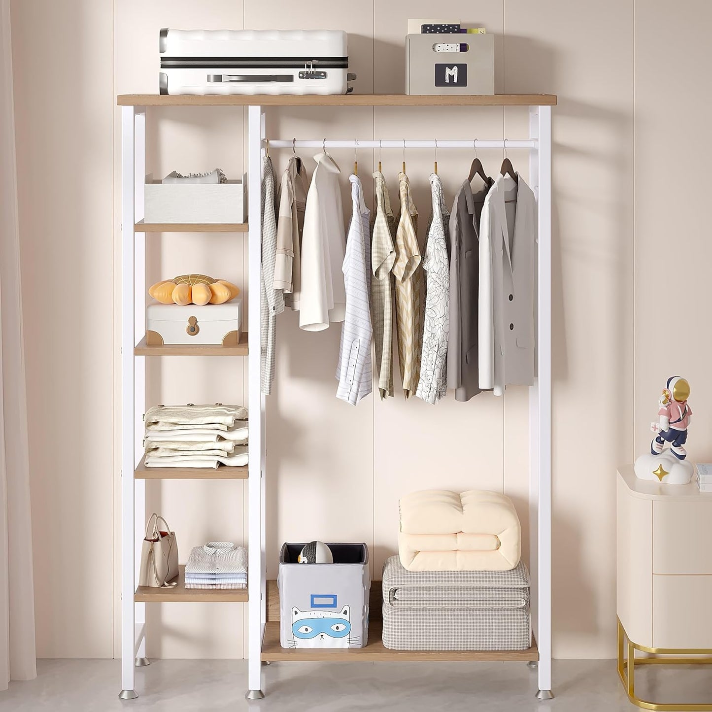 VECELO Open Garment Clothing Rack, Free-Standing Heavy Duty Storage Closet with 5 Shelves and Hanging Rod for Small Spaces, Max Load 350LBS, White Oak