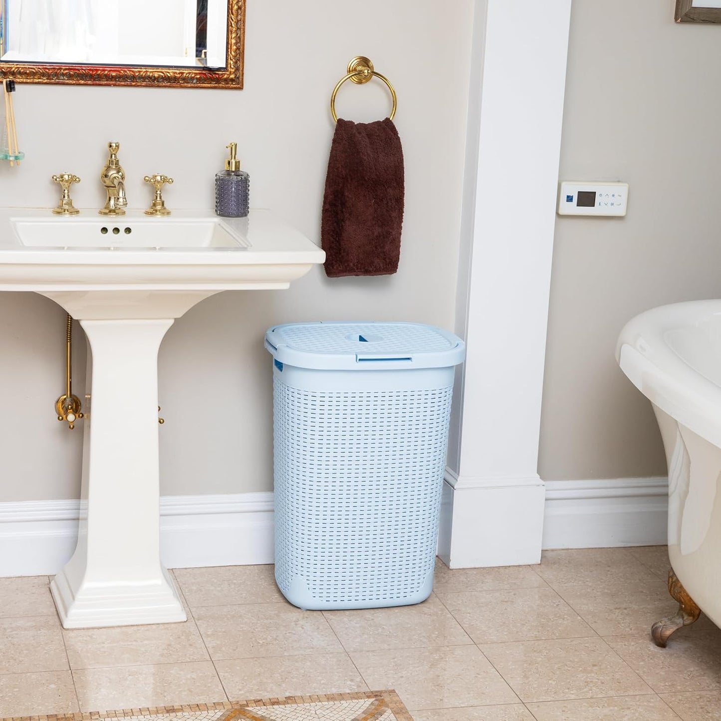 Mind Reader Slim Laundry Hamper with Lid, 60L Clothes Basket, Premium Wicker Design, Plastic, Baby Blue