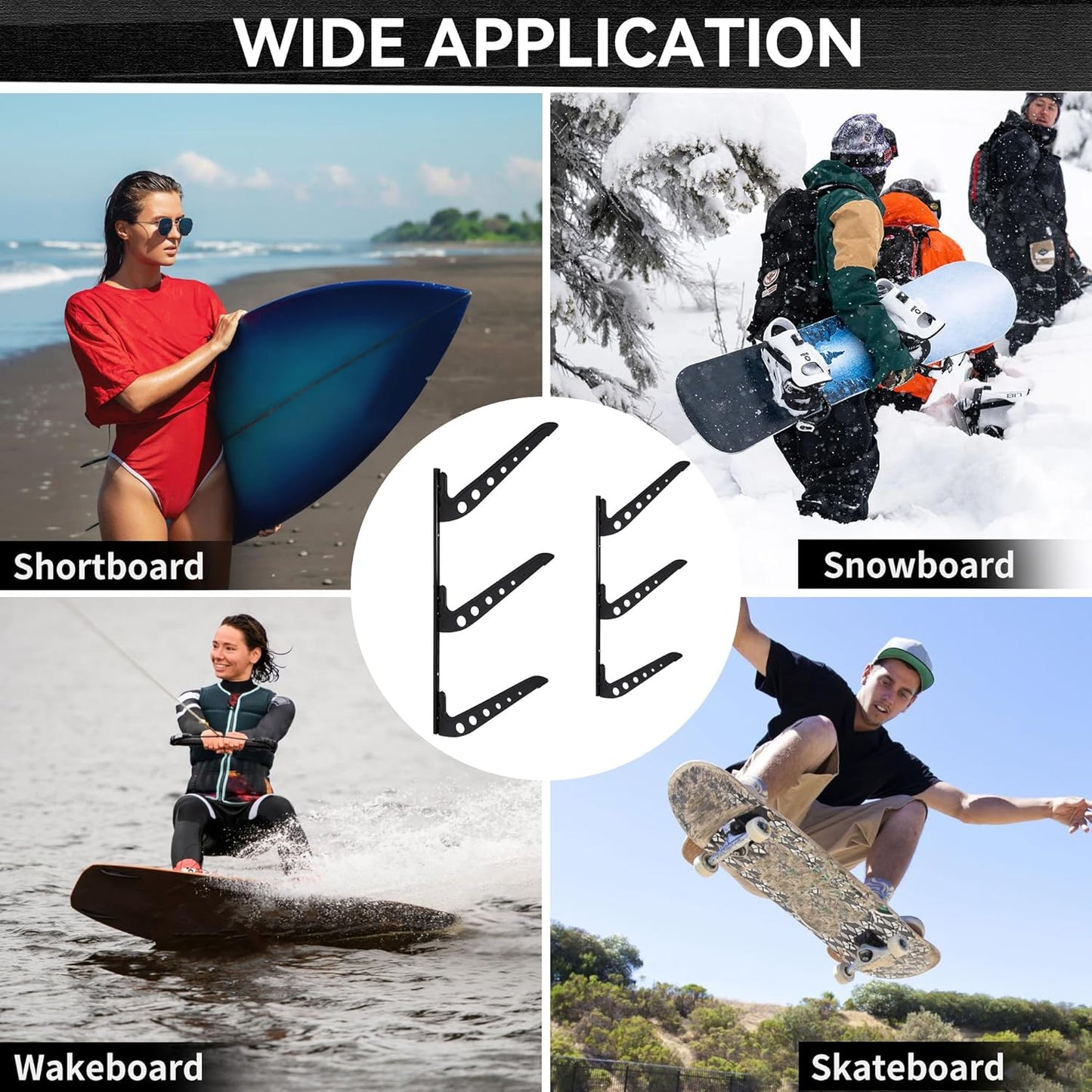 3 Board Surf Rack Wall Mount for Surfboard, Wakeboard, Snowboard Storage Adjustable Wall Hangers Boards Display