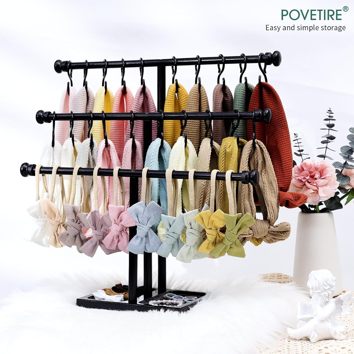 POVETIRE Headband Holder Stand Storage for Baby, 3 Tier Wooden Bow Organizer for Girls Hair Bows, Infant Hair Accessories Rack Display for Nursery Decor