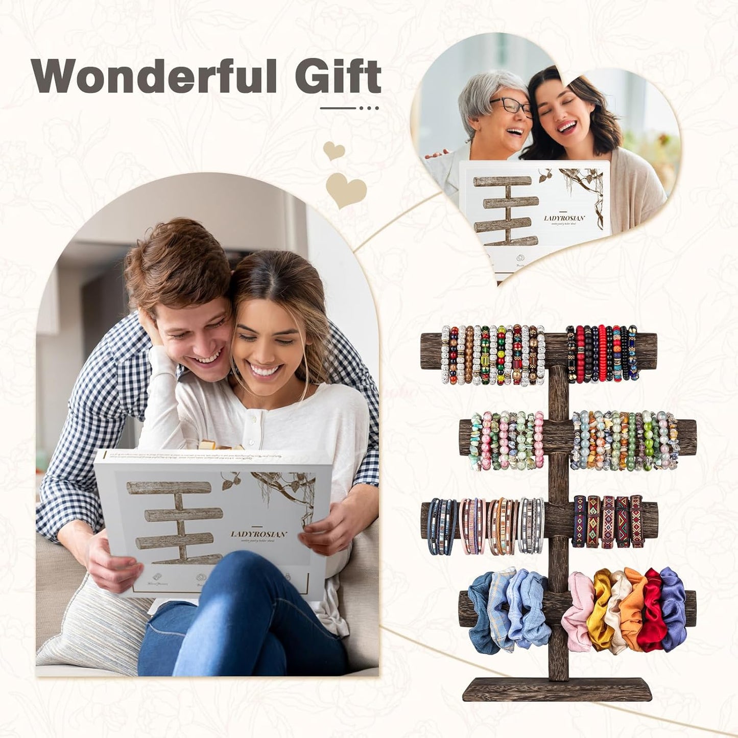 LadyRosian 4 Tier Wooden Display Jewelry Accessory Stand Jewelry Bracelet Holder Bangle Watch Necklace Storage Jewelry Holder Stand Display Organizer (Brown-4 layers)