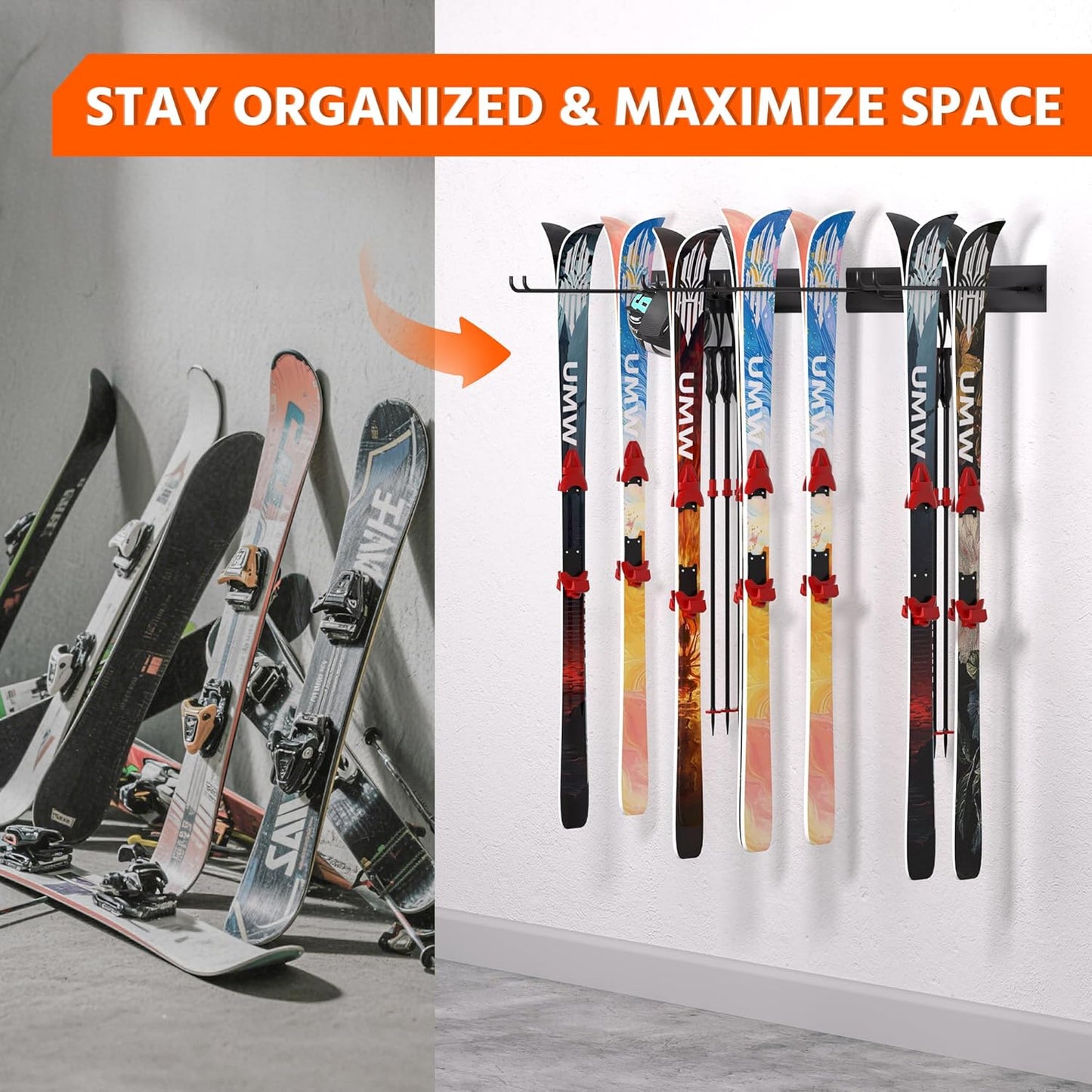 Ultrawall Wall Mount Ski Rack, Garage Ski Storage Rack, Ski Hangers For 8 Pairs of Skis