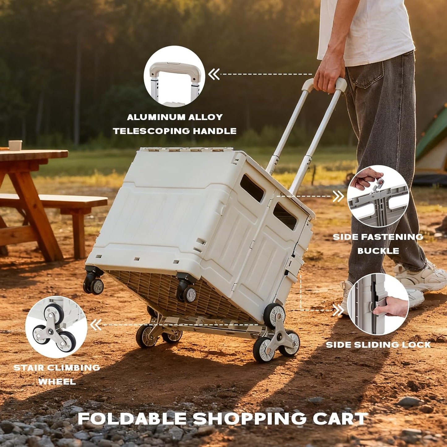 Utility Cart Teacher Cart with Stair Climbing Wheels Foldable Shopping Cart, with Telescopic Handle, Ideal for Outdoor Home Use and Teacher/Student Book Storage. (Gray, Large)