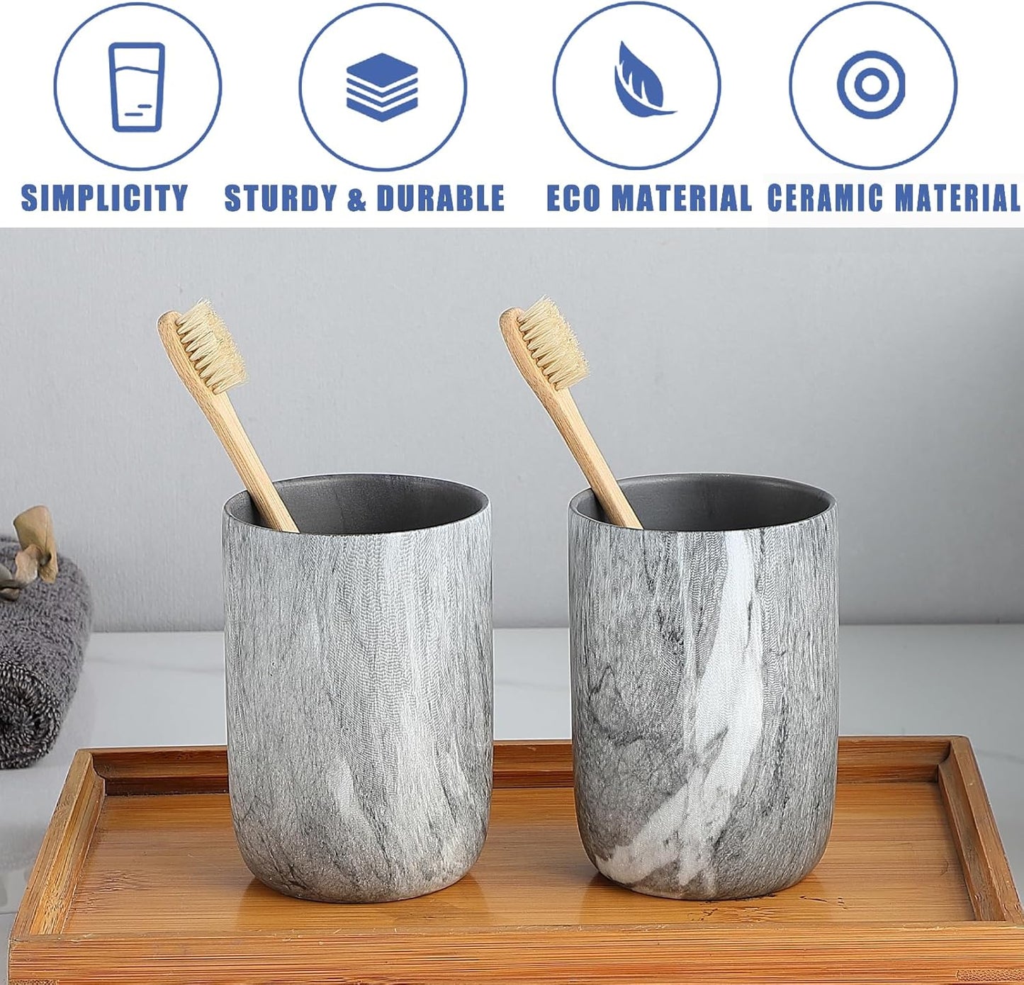 Marble Grey Toothbrush Holders - 2 Ceramic Toothbrush Holders for Bathrooms Toothbrush Toothpaste Holders Set, Grey Bathroom Tumbler Cups Reusable Toothbrush Mouthwash Cup, Bathroom Counter Organizer.