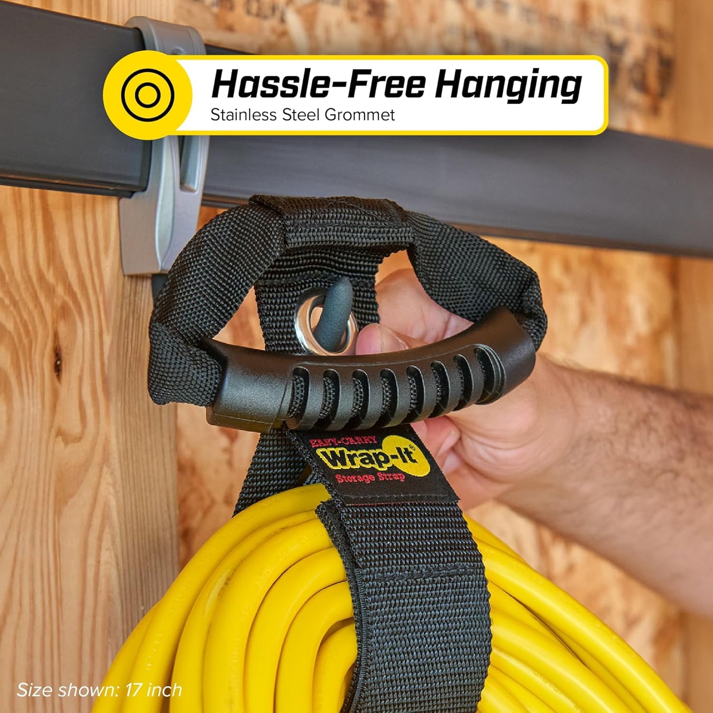Easy-Carry Wrap-It Storage Straps - 17" (2-Pack) Black with Grommet - Extension Cord Organizer with a Handle for Cable and Hose Storage