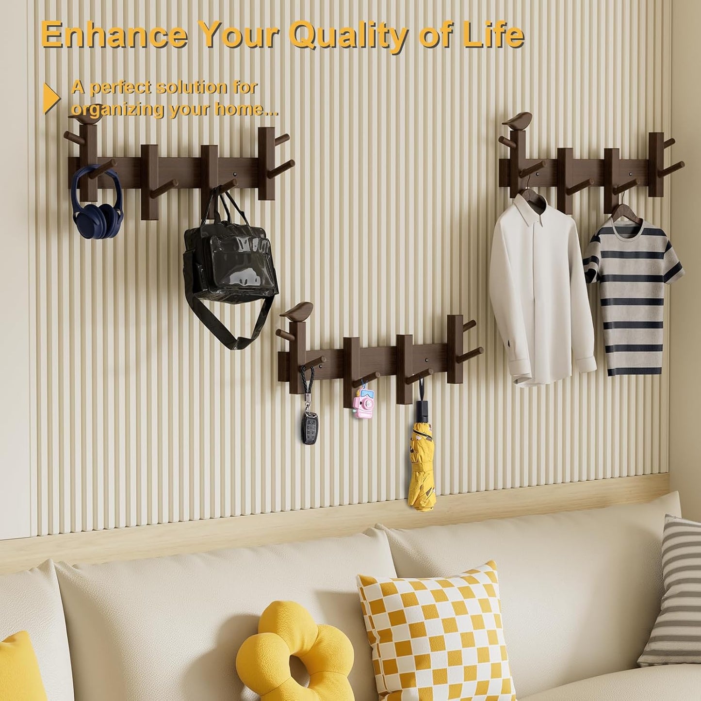 Coat Rack Wall Mount,Solid Acacia Wall Mounted Coat Rack with 4+2 Heavy Duty Wall Hooks for Hanging Coats,Backpacks,Towels,etc. Coat Hooks Wall Mount for Entryway, Bathroom,etc