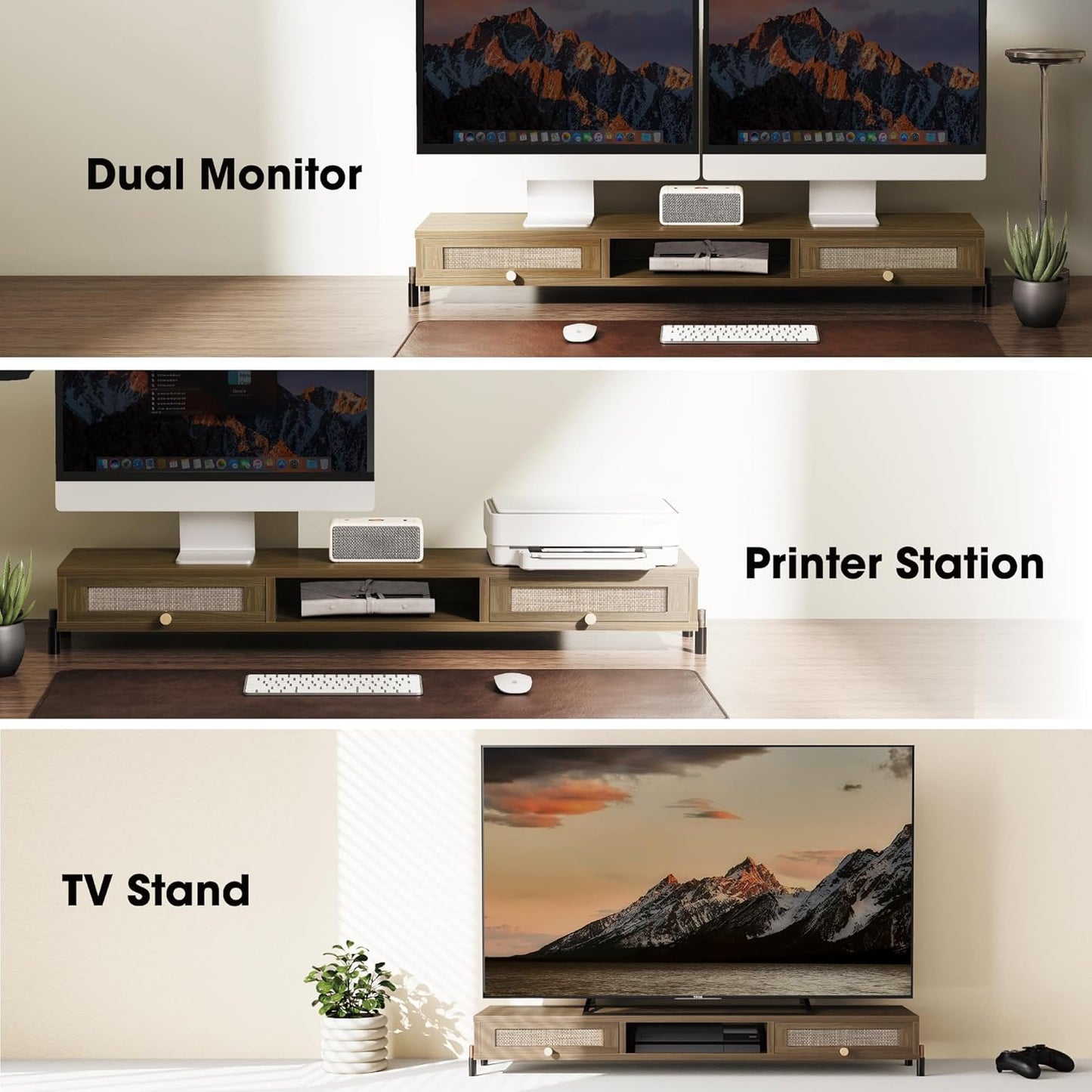 Fenge Dual Monitor Stand for Desk - Long Wooden Riser With Rattan Woven Drawer, 2 Tier Desk Shelf for 2 Monitors, Vintage Computer Stand for Laptop, Printer, TV