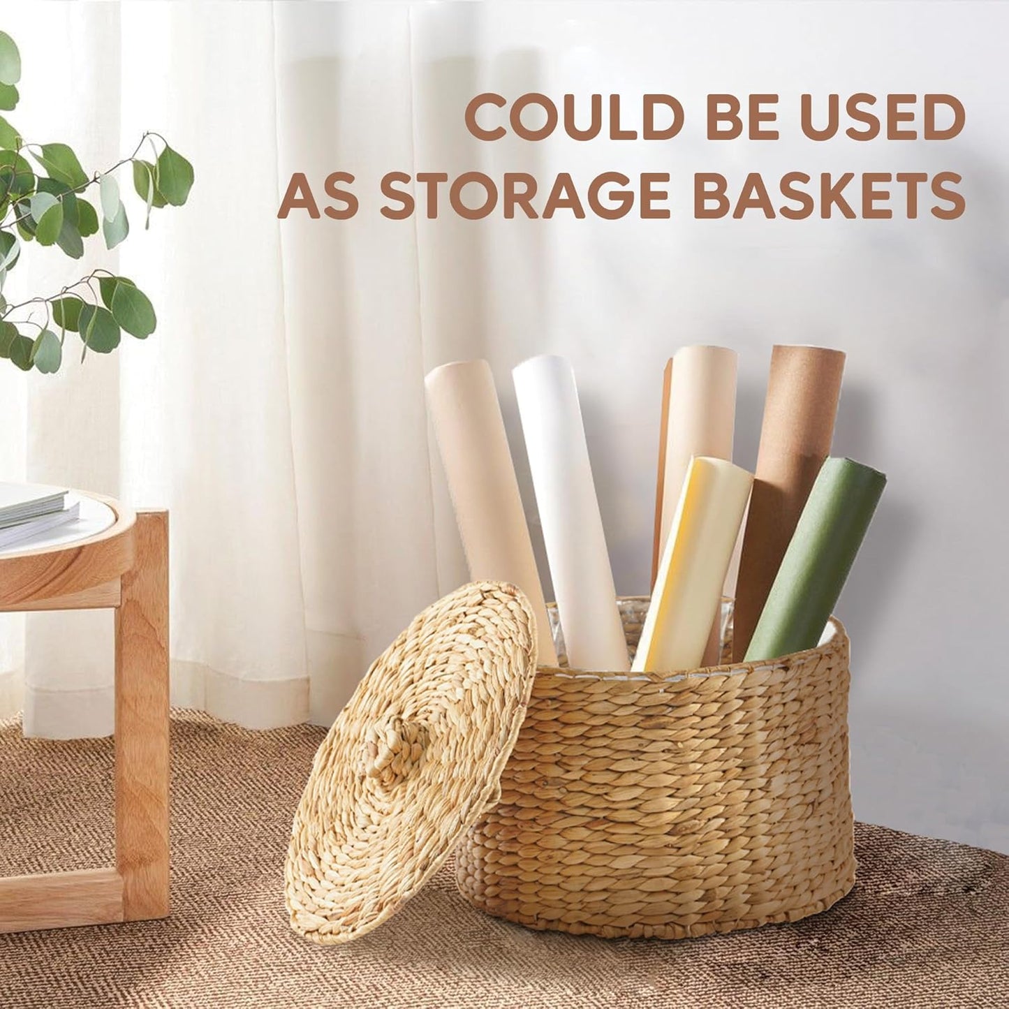 Greenatural Water Hyacinth Storage Baskets Set of 2, Handwoven Round Organizers with Lids and Plastic Liners, 2 Sizes, Decorative Wicker Bins for Home, Bedroom, Bathroom, Kitchen, Office