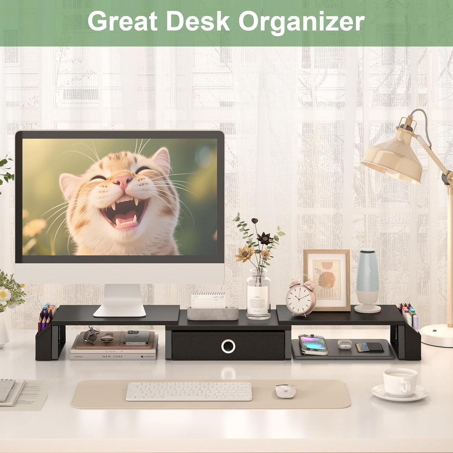 Dual Monitor Stand Riser w/ Drawer & Metal Leg, Large Computer Monitor Riser w/ Storage For 2 Monitors, Desk Shelf For Monitor w/ Adjustable Length & Angle, Desktop Organizer For Laptop/TV/Printer