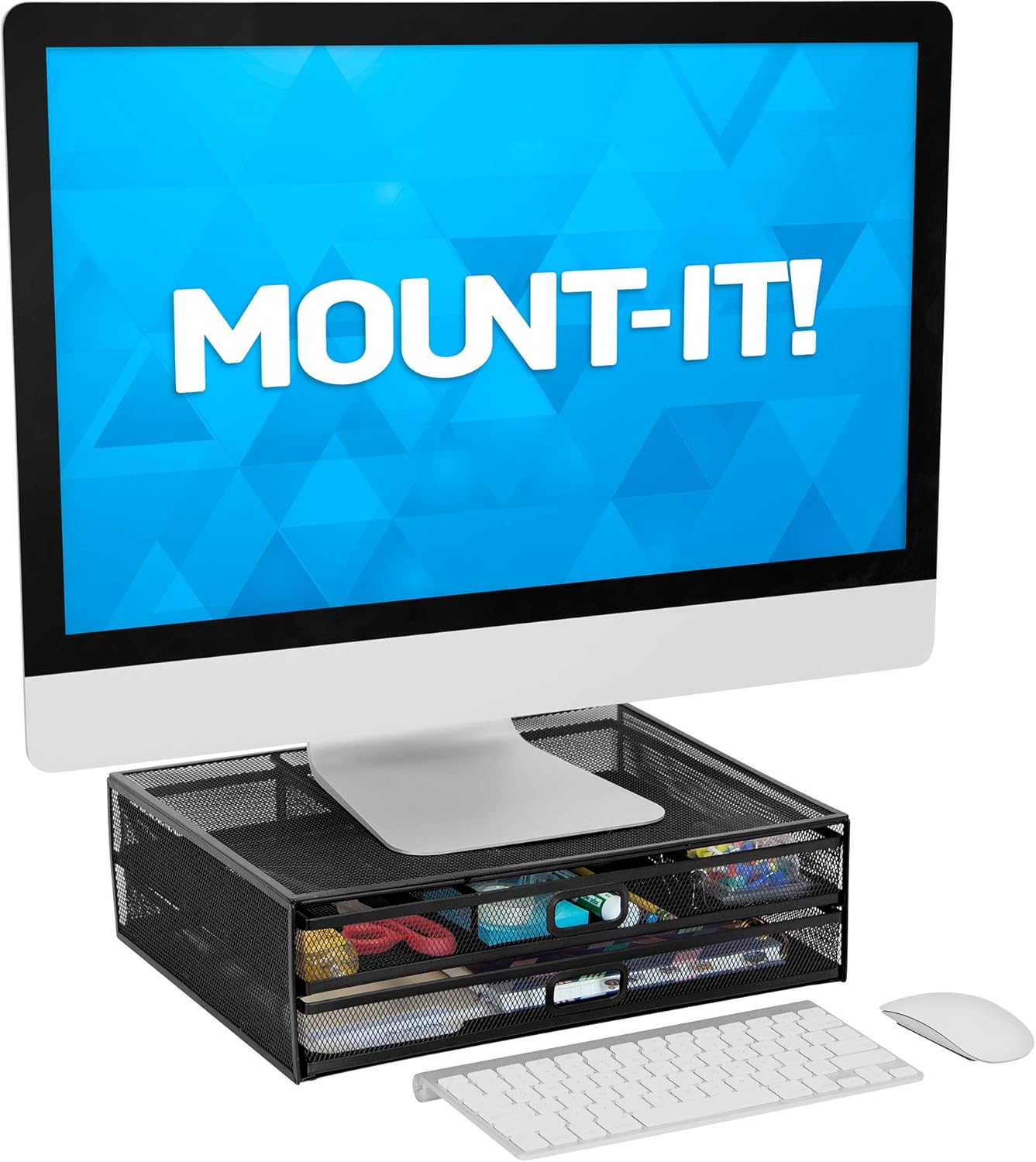 MOUNT-IT! Computer Monitor Stand With Drawers, Metal Mesh Riser and Organizer for Laptops and Computer Screens, Laptop, and Printer Accessories and Office Supplies (Black)