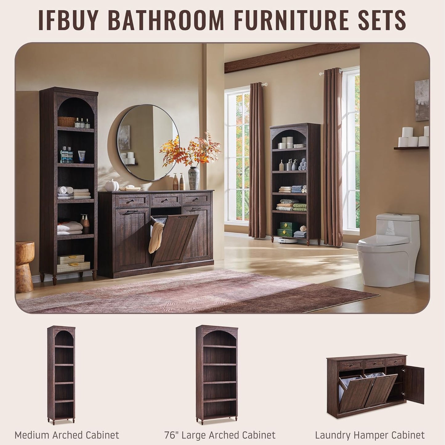 Triple Tilt Out Laundry Hamper Cabinet, 20 Gallon Farmhouse Trash Can Cabinet w/Drawer & Adjustable Shelf, Hidden Garbage Can Bin Cabinets w/Laundry Basket for Bathroom, Kitchen (Brown)