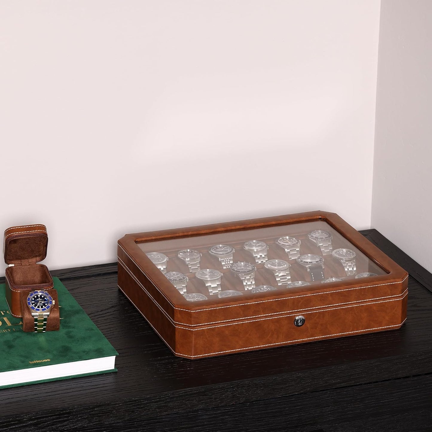 ROTHWELL 18-Slot Watch Case – Luxury Watch Box for Men, Real Glass Top, Lockable, Elegant Display for Collections (Tan/Brown)