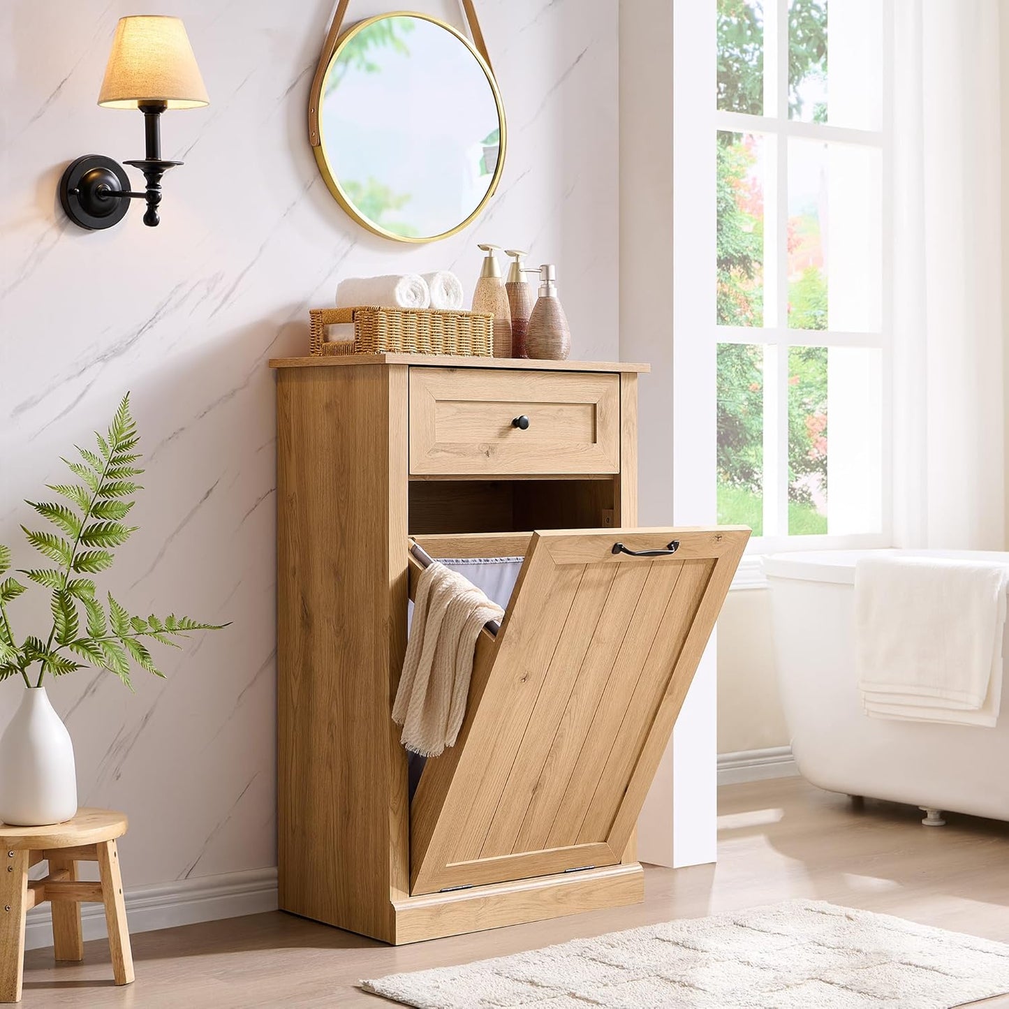 Tilt Out Trash Can Cabinet, 10 Gallon Farmhouse Laundry Hamper Cabinet with Drawer, Hidden Wooden Trash Garbage Can Bin with Storage Basket for Kitchen, Living Room (Natural)