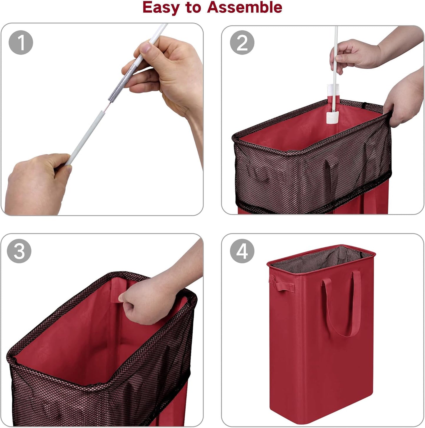 efluky Slim Laundry Basket, Narrow Laundry Hamper with Handles, Collapsible Dirty Clothes Hamper, Tall Laundry Bin for Laundry Room, Dorm and Bedroom, 48L (12.7 Gallon) Burgundy Red