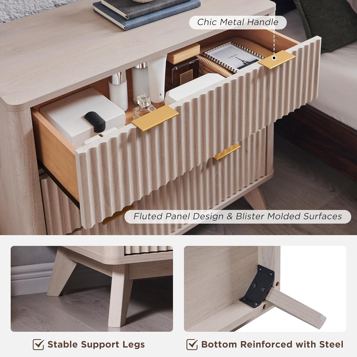 T4TREAM Fluted 3 Drawers Nightstand, Oversized Extra Large Modern Side Table, End Table Bedside for Bedroom, Living Room, Curved Profile Design, White Alder