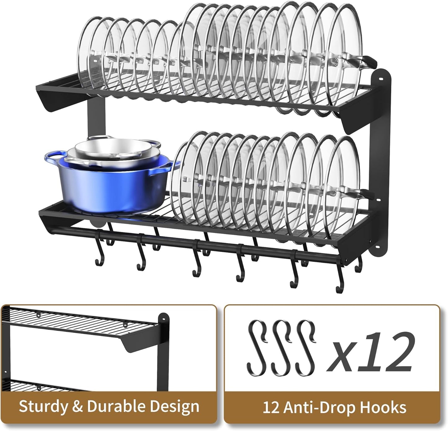 YIGII 30 Inch Pot Rack Wall Mounted, 2-Tier Pots and Pans Organizer with 12 Anti-Drop Hooks, Heavy Duty Kitchen Wall Shelf for Cookware, Lids, Utensils, Black