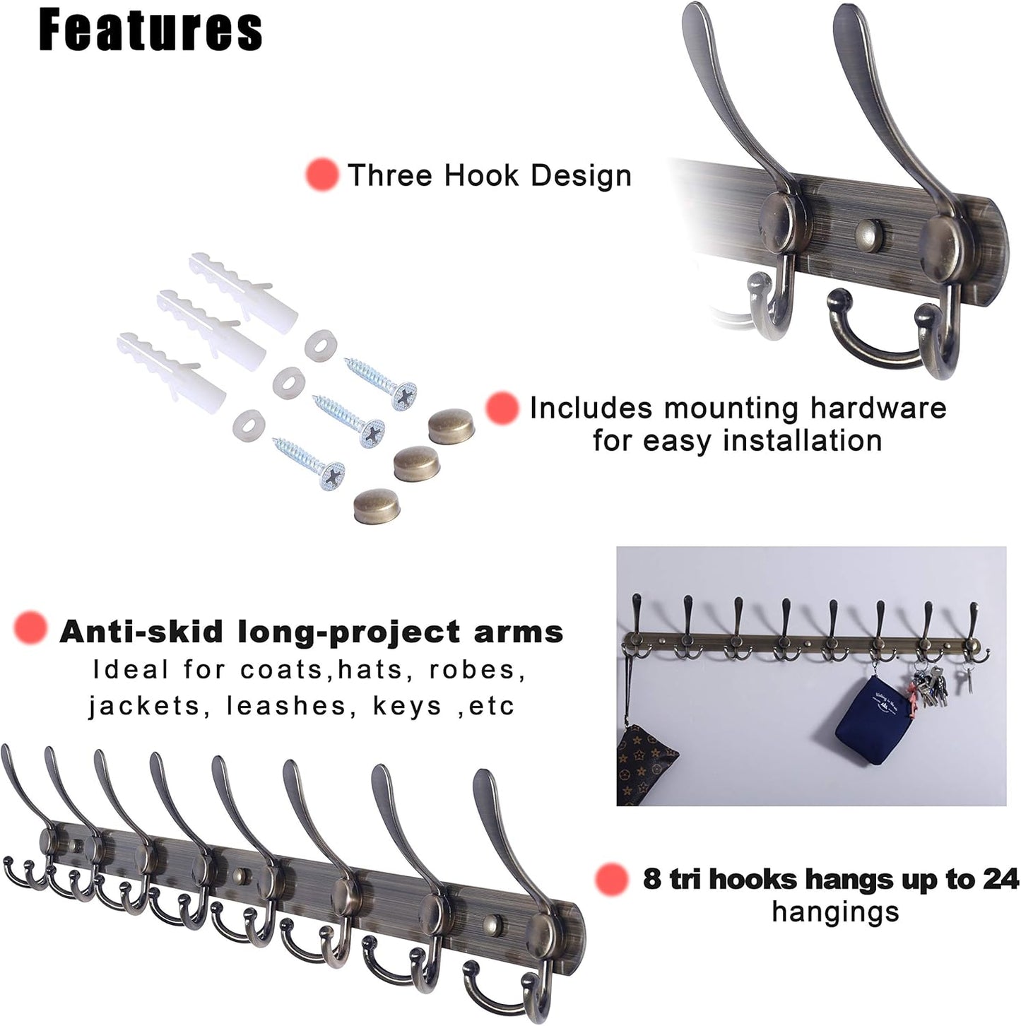 Dseap Coat Rack Wall Mount - 29.5” Long 8-Tri-Hooks Heavy Duty Coat Hanger Rail Wall Hooks for Hanging Coats Hats Clothing Clothes Purse Mudroom Entryway, Bronze