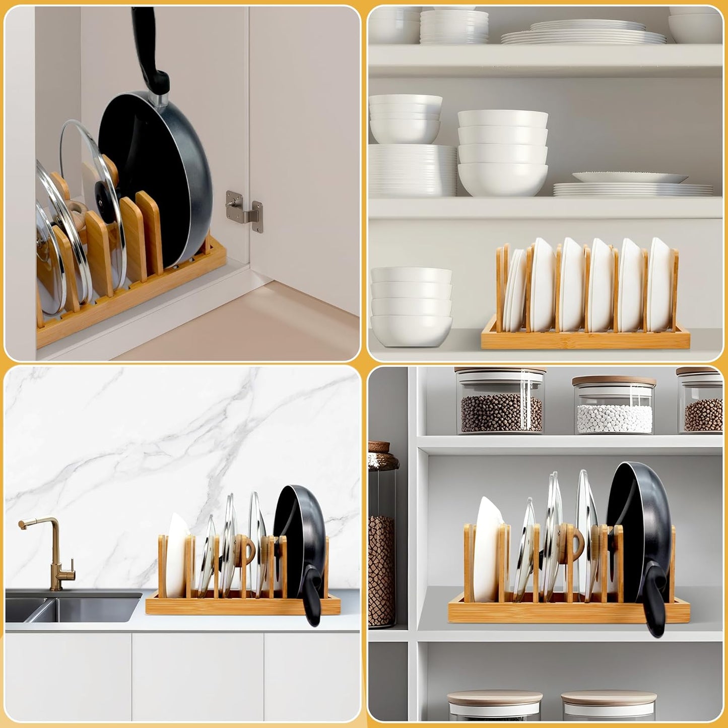 MinBoo Bamboo Pot Lid Organizer Pot Lid Holder, Pot and Pan Organizer Drawer Organizer for Pot Lids, Pans, Cutting Boards & Baking Sheets, Dinner Plates