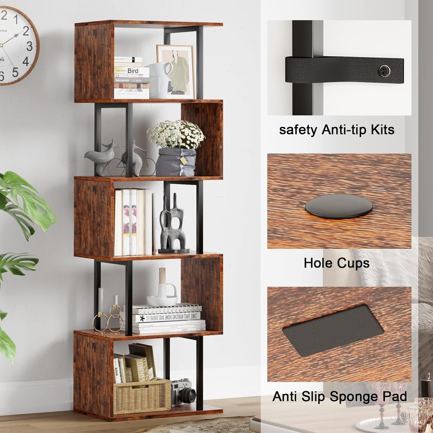 Furologee 6 Tier Bookshelf, Tall S Shaped Geometric Bookcase, Modern Display Shelf Standing Unit, Wood Metal Decorative Divider Rack for Living Room Bedroom Office, Rustic Brown