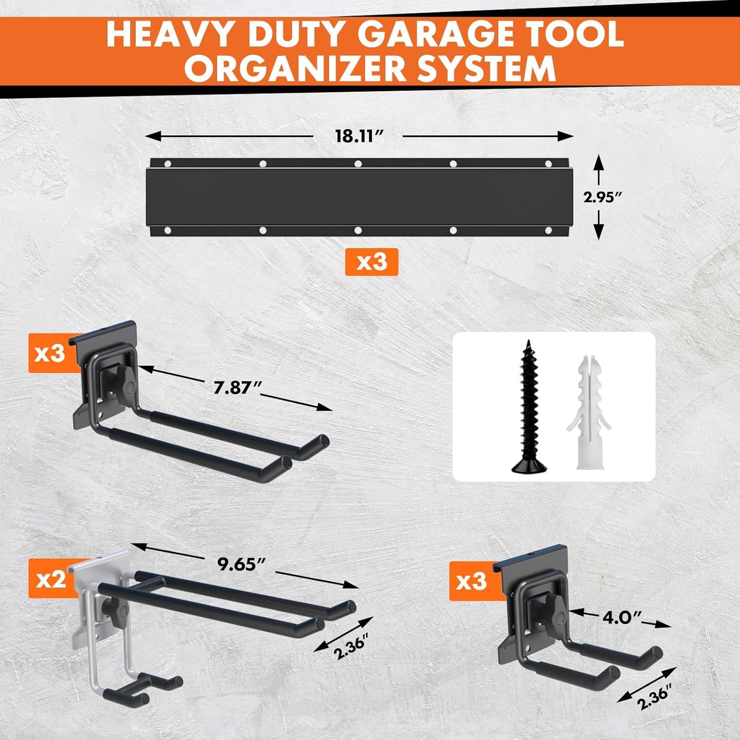 48-Inch Heavy Duty Garage Tool Organizer, Wall Mount Storage System with Adjustable Metal Hooks, 440lbs Capacity, Ideal for Garden Tools, Shovels, Rakes, Brooms, Ladders (48‘’ Metal Hooks)