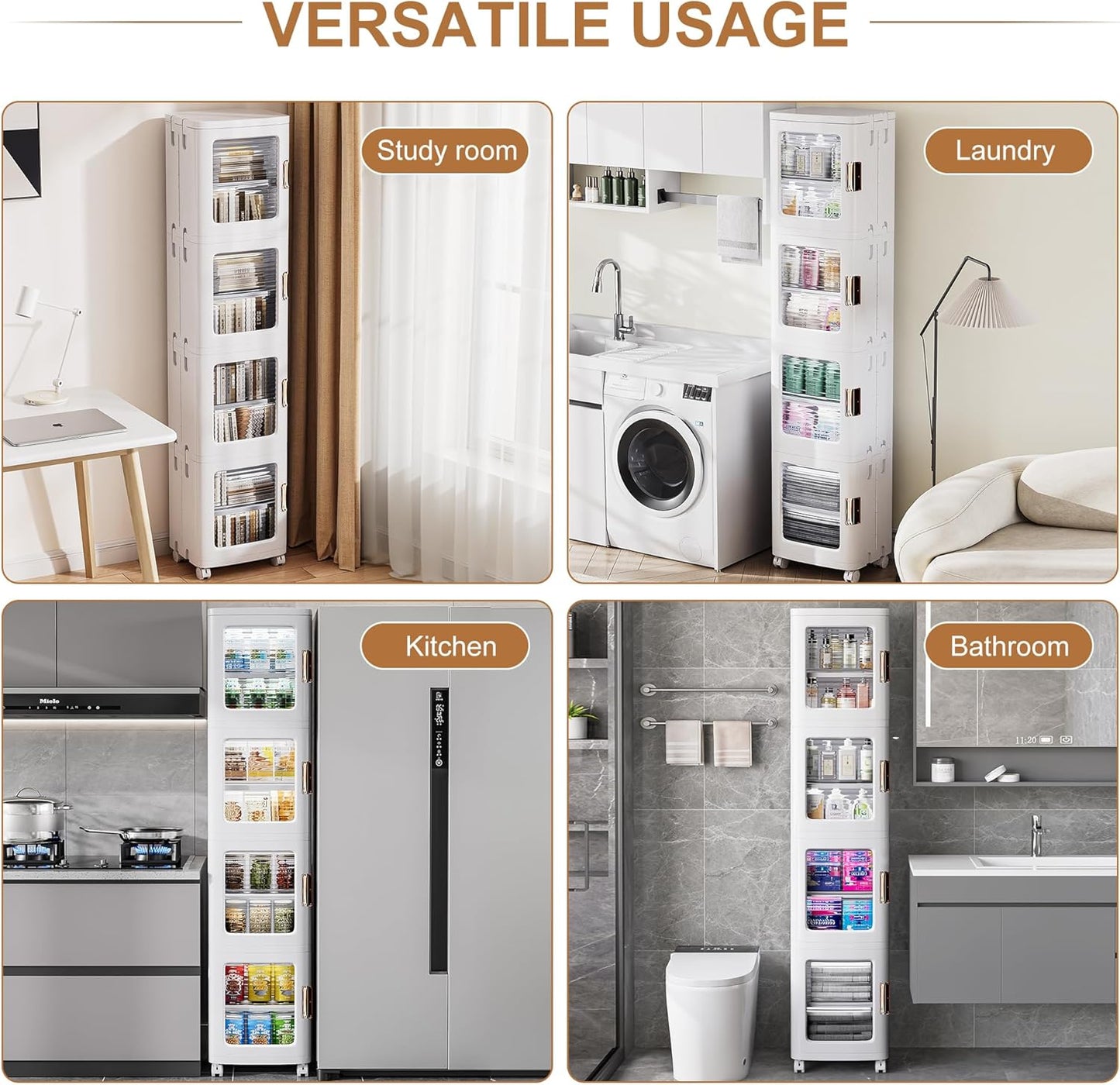 VECELO 4-Tier Tall Narrow Storage Cabinet with Movable Wheels, Adjustable Shelves, Anti-Tip, Slim, for Small Space, Bathroom, Kitchen, Laundry, White