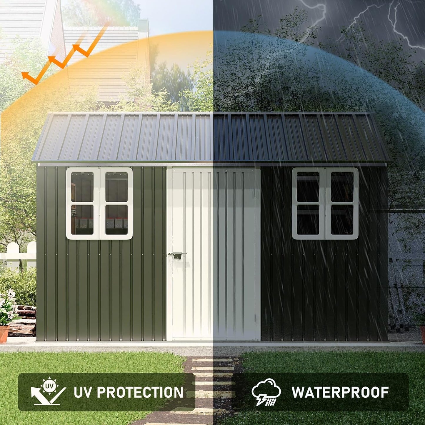VanAcc 12x10.3x8.1 FT Galvanized Steel Outdoor Storage Shed with a Lockable Hinged Door and 2 Windows, Metal shed for Garden, Backyard, Dark Grey/White
