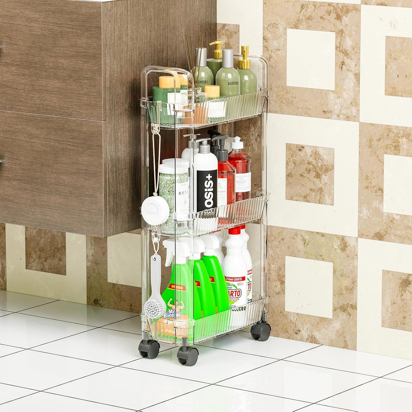 Yieach 3 Tier Rolling Cart with Wheels,Clear Narrow Bathroom Rack Organizer,Slim Storage Cart,Three Tier Thin Shelf and Narrow Rolling Utility Cart for Small Space Shelf,Dorm Room,Kitchen,Laundry