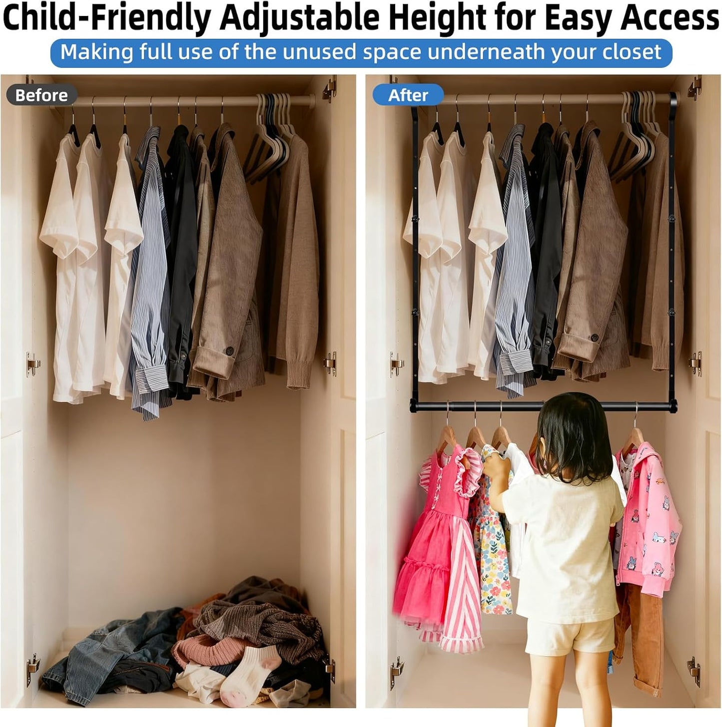 Hanging Closet Rods, Adjustable Height & Width Closets Bar Lower Extender for Hanging Clothes, Heavy Duty Hanging Bars for Clothing Storage and Organizer, Space-Saving & Expandable Double Closet Rod