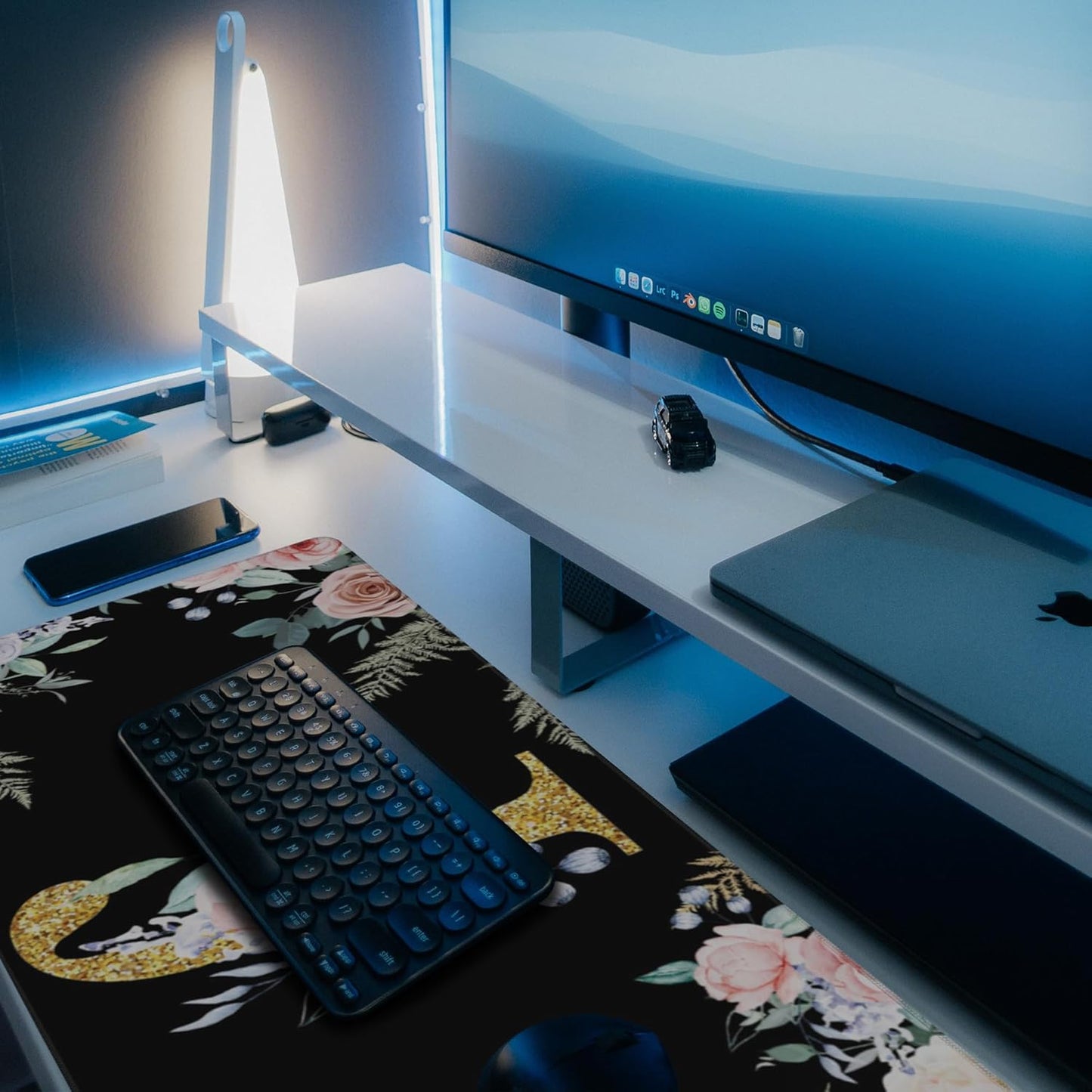 Desk Mat, Flower Golden Letters J Extended Gaming Mouse Pad Large, 35.4"x15.7" Big Mouse Pad with Non-Slip Base and Stitched Edge, Long Computer Keyboard Mouse Mat for Home Office Work