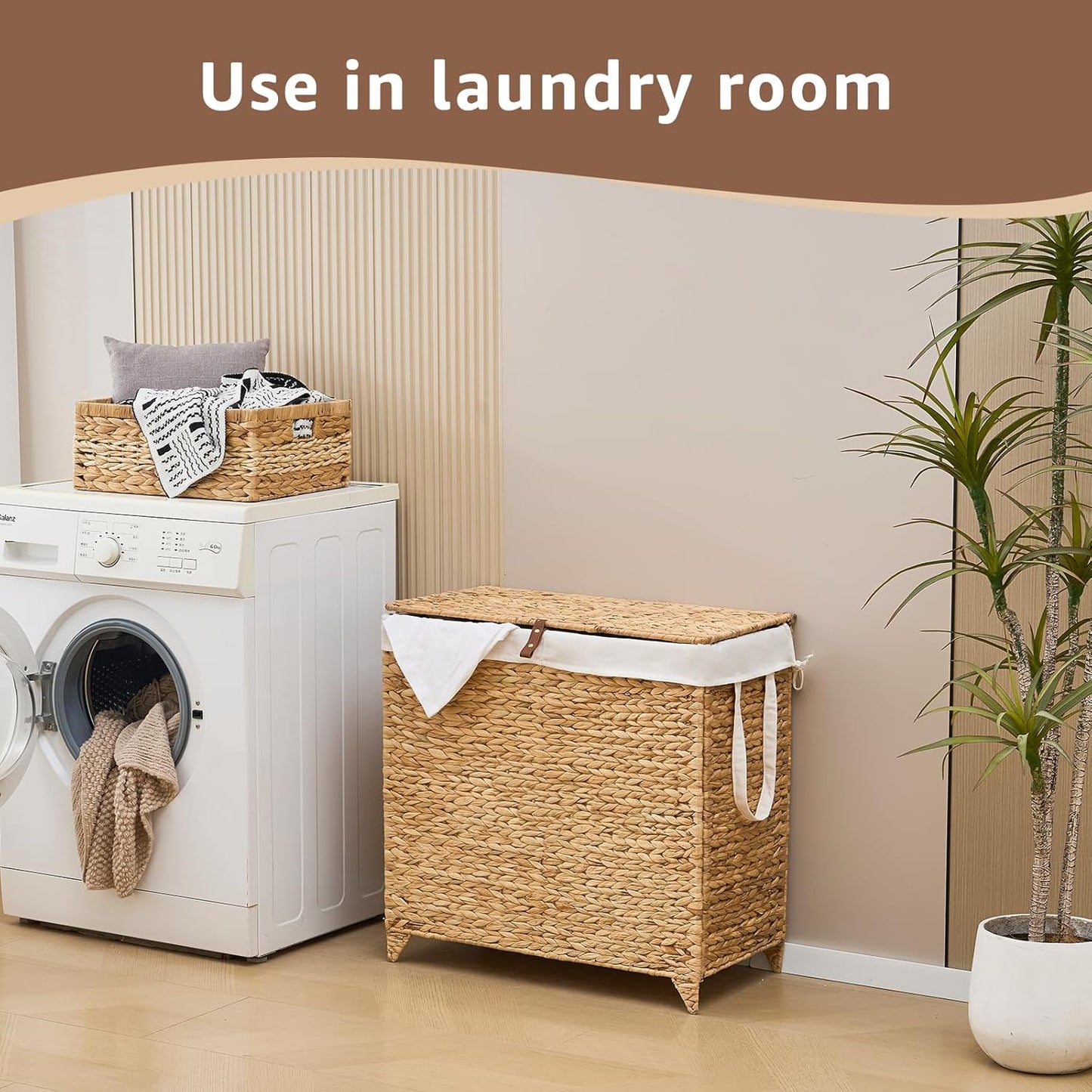 Laundry Hamper with Lid and Removable Liner Bag, Handwoven Natural Hyacinth Clothes Hamper with Heightened Feet, Wicker Laundry Basket for Clothes and Towels,Large, 2-sections