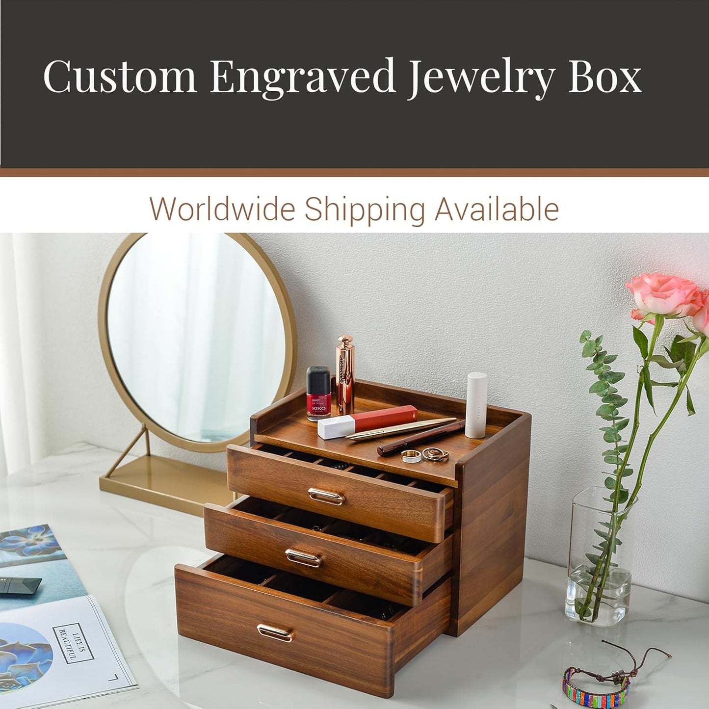 Shanik Personalized Wooden Jewelry Box for Women – Large Three-Drawer Organizer with Compartments for Rings, Necklaces & Earrings