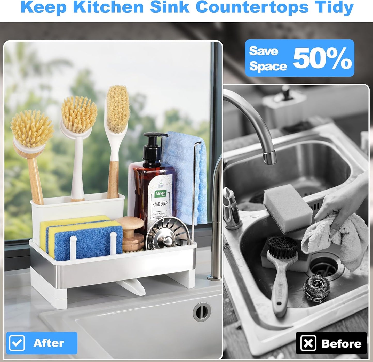 Kitchen Sink Caddy Organizer with Dish Brush Holder, Stainless Steel Sponge Holder with Dish Cloth Rack, Soap Sponge Caddy for Kitchen Countertop Sink Organizer and Storage Essentials