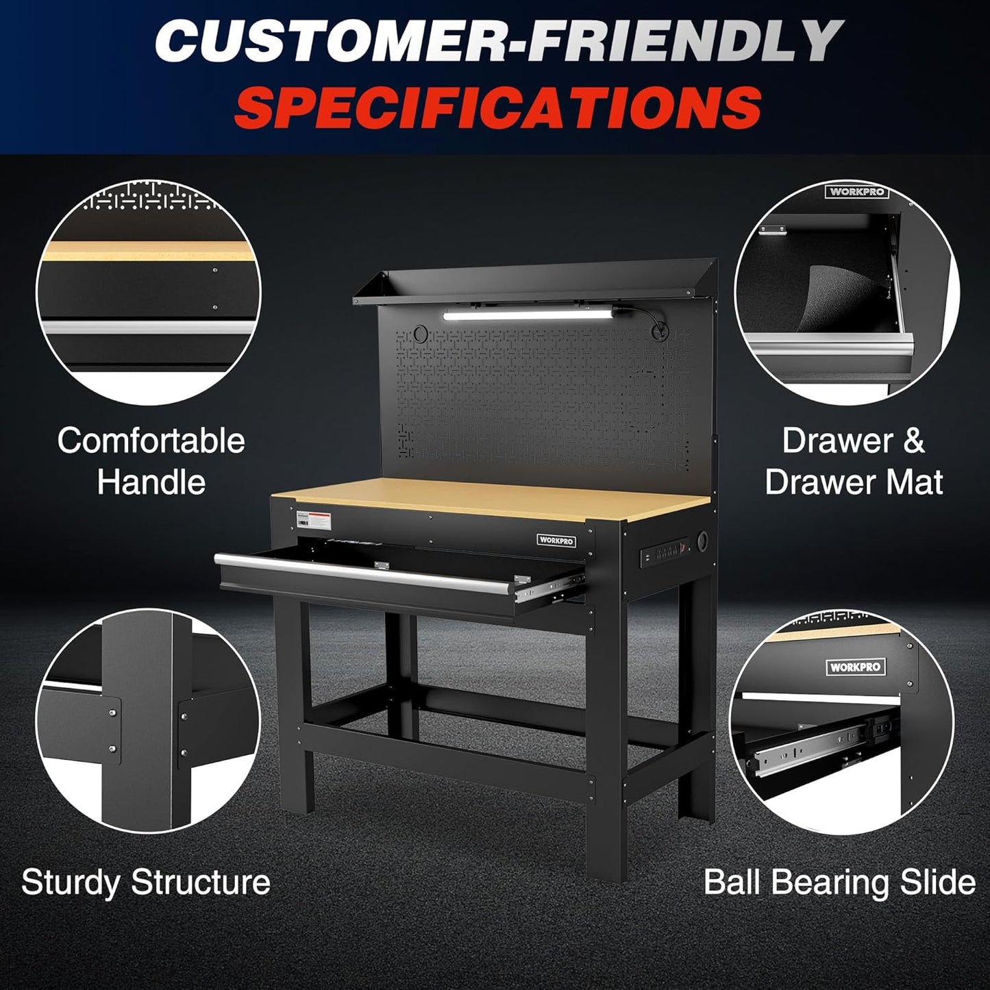 WORKPRO 45" Garage Workbench with Storage, Heavy-Duty Workbench with Pegboard, Power Outlets and Light, 800 LBS Work Bench for Garage, Warehouse, Workshop