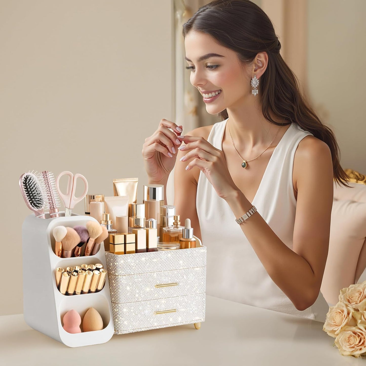 HBlife Makeup Organizer with Brush Holder for Vanity, Large Plastic Bathroom Countertop Organizer Skin Care Storage, Easy to Store Nail Polishes, Perfumes, Eyeshadow Palettes, Pearl All White