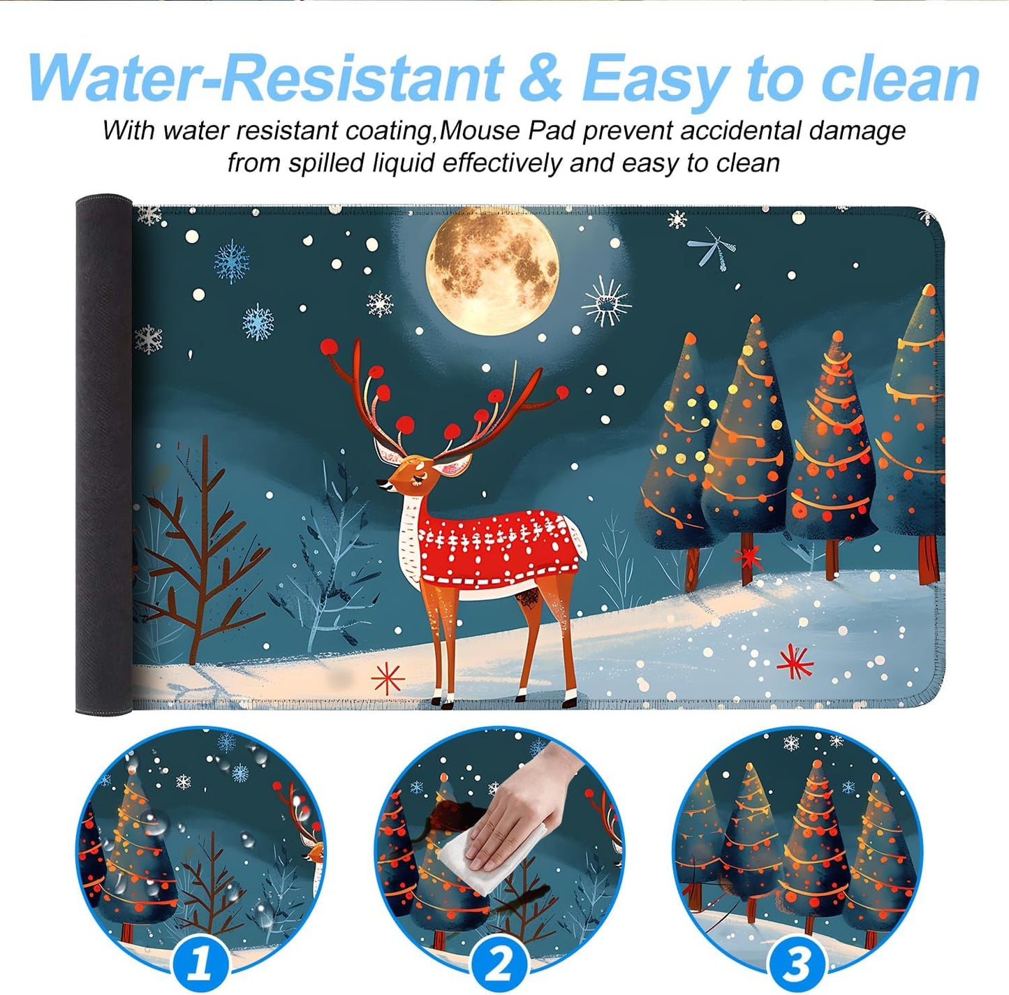 Christmas Reindeer Mouse Pad– Large Extended Desk Mat with Holiday Winter Snow Scene, Non-Slip Base Keyboard Pad for Home Office, Gaming, Workstation,31.5 x 11.8 in