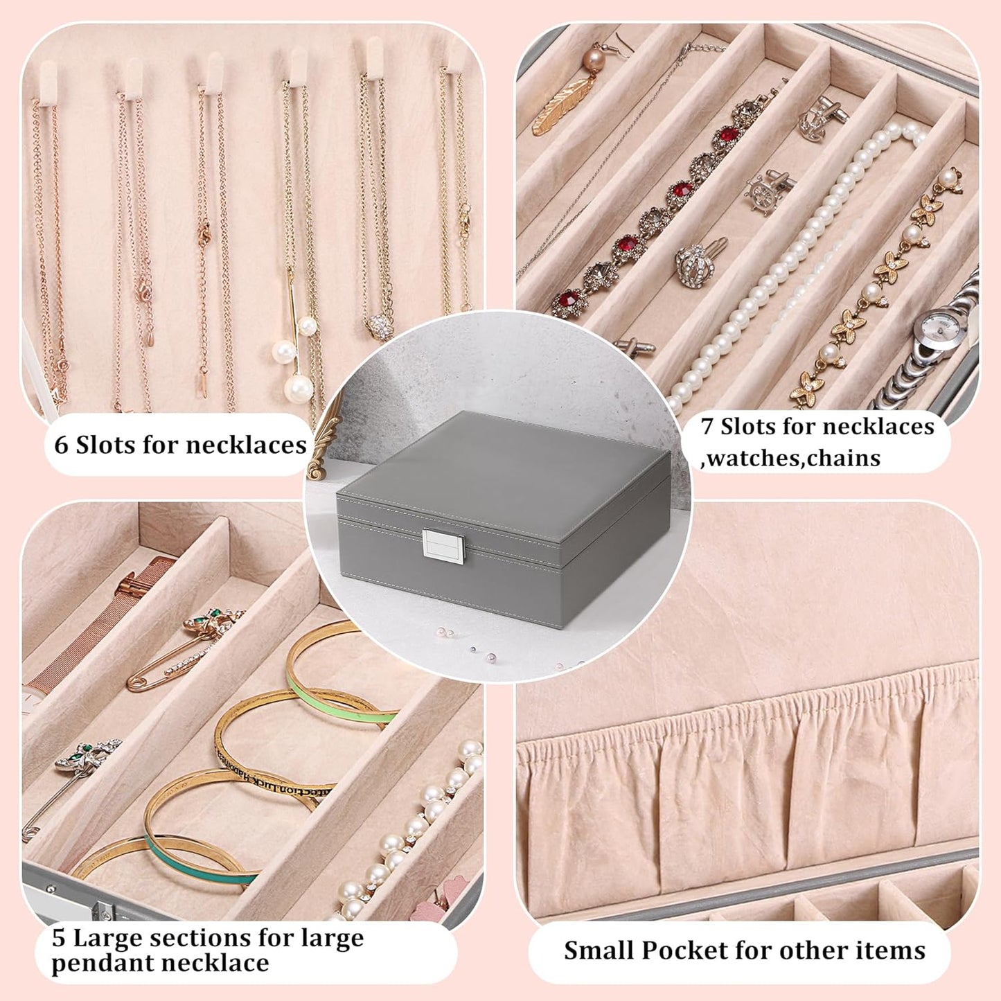 BEWISHOME 2-Layer Necklace Jewelry Box, Modern Style Necklace Storage, PU Leather Jewelry Box for Necklaces, Bracelet, Necklace Case for Women, Girls, Mom (Grey SSH31H)