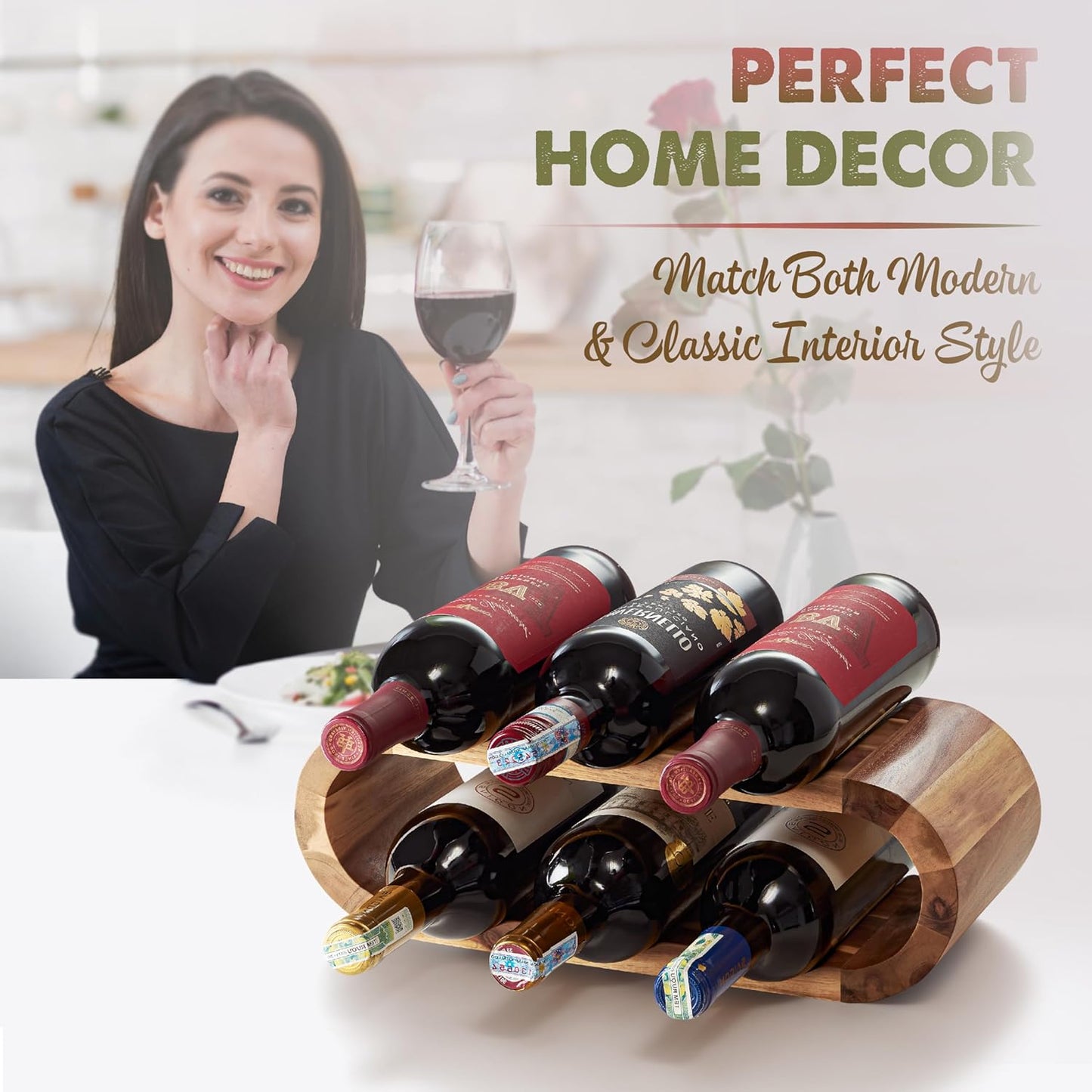 BLUEWEST Wooden Wine Racks Countertop – 6 Bottle Freestanding Wine Holder Stand – Acacia Wood Display Organizer – No Assembly Required – Ideal for Home Décor & Wine Gifts