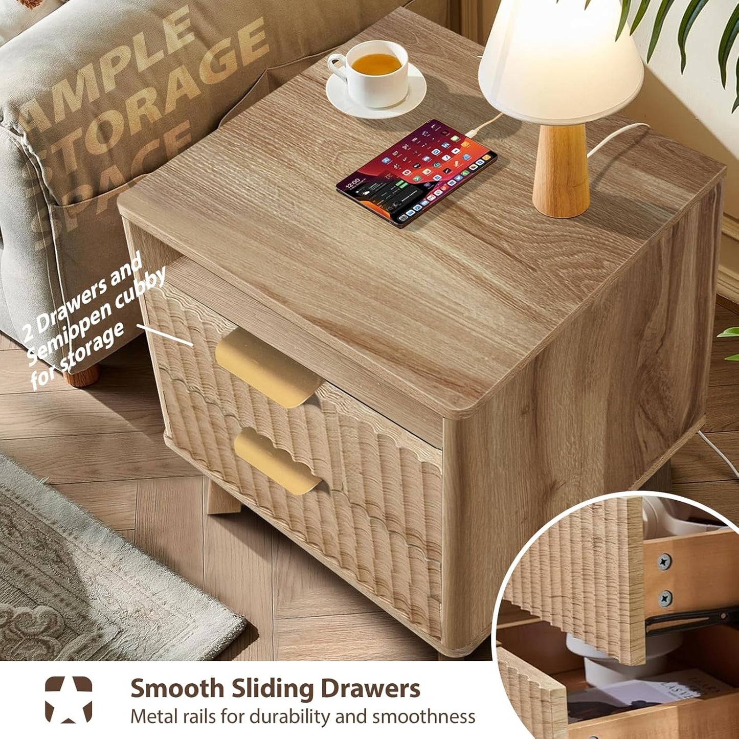Fluted Nightstand - 24" Modern Bedside Table w/ 2 Drawers, Wood Bed Side End Table with Open Shelf, Night Stand with Storage Drawer, Curved Design Night Stands for Bedroom Living Room (Nature)