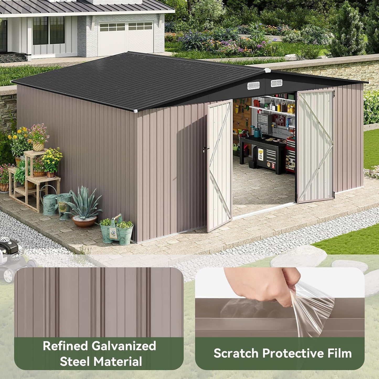 Aoxun 14x12 FT Large Shed Outdoor Storage Shed with 2 Large and Tall Doors, Utility Tool Shed Storage House with Lock, Metal Sheds with Sloped Roof for Patio Garden Lawn, Brown