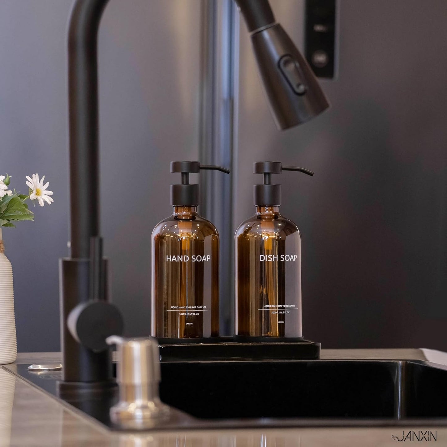 Glass Kitchen Soap Dispenser Set with Ceramic Tray,16.9 floz Hand and Dish Soap Dispenser for Kitchen and Bathroom Decor (Amber Bottles + Black Pumps)