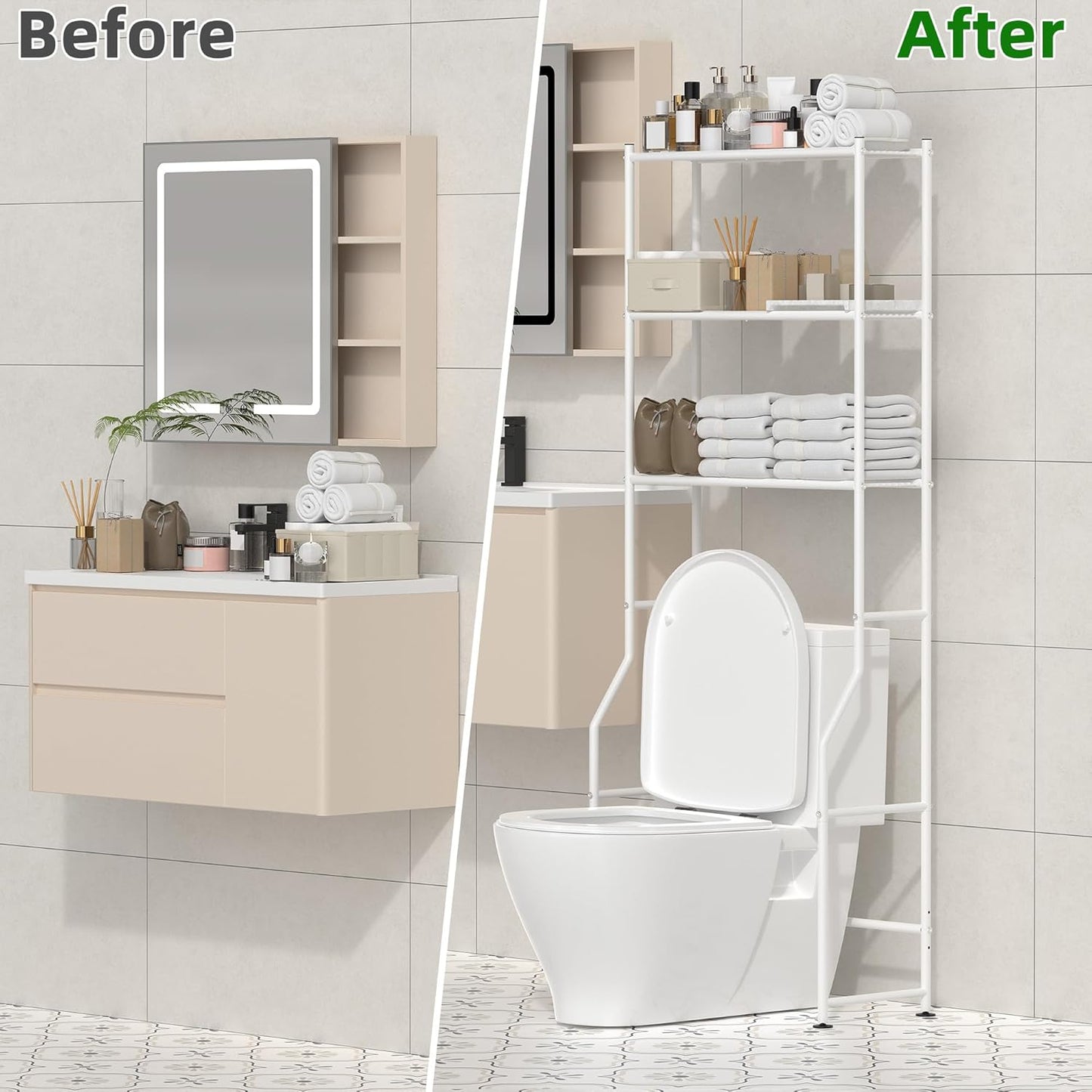 3-Tier Over The Toilet Storage, Freestanding Metal Bathroom Shelves, Space Saver Above The Over Toilet Storage Shelf for Bathroom (White)