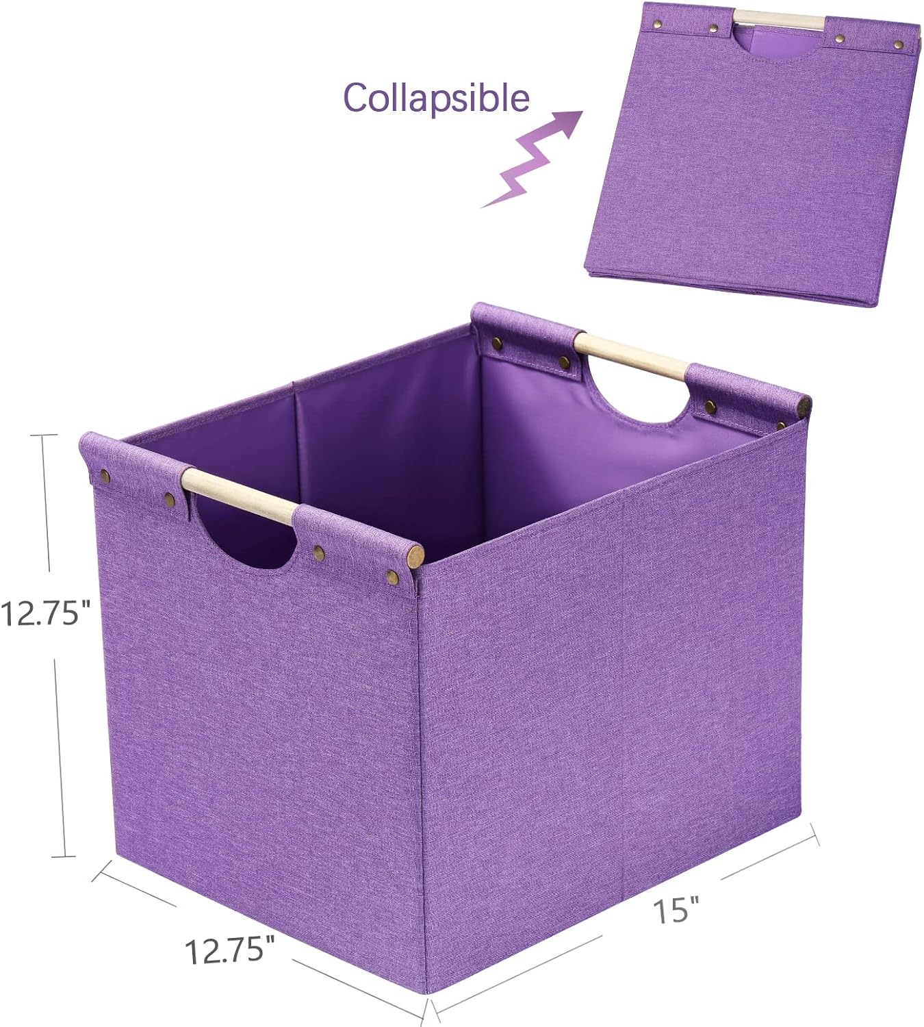 HOONEX Large Foldable Storage Bins, Linen Fabric, Pack of 2, Storage Baskets with Wooden Carry Handles and Sturdy Heavy Cardboard, for Home, Office, Car, Nursery, Purple