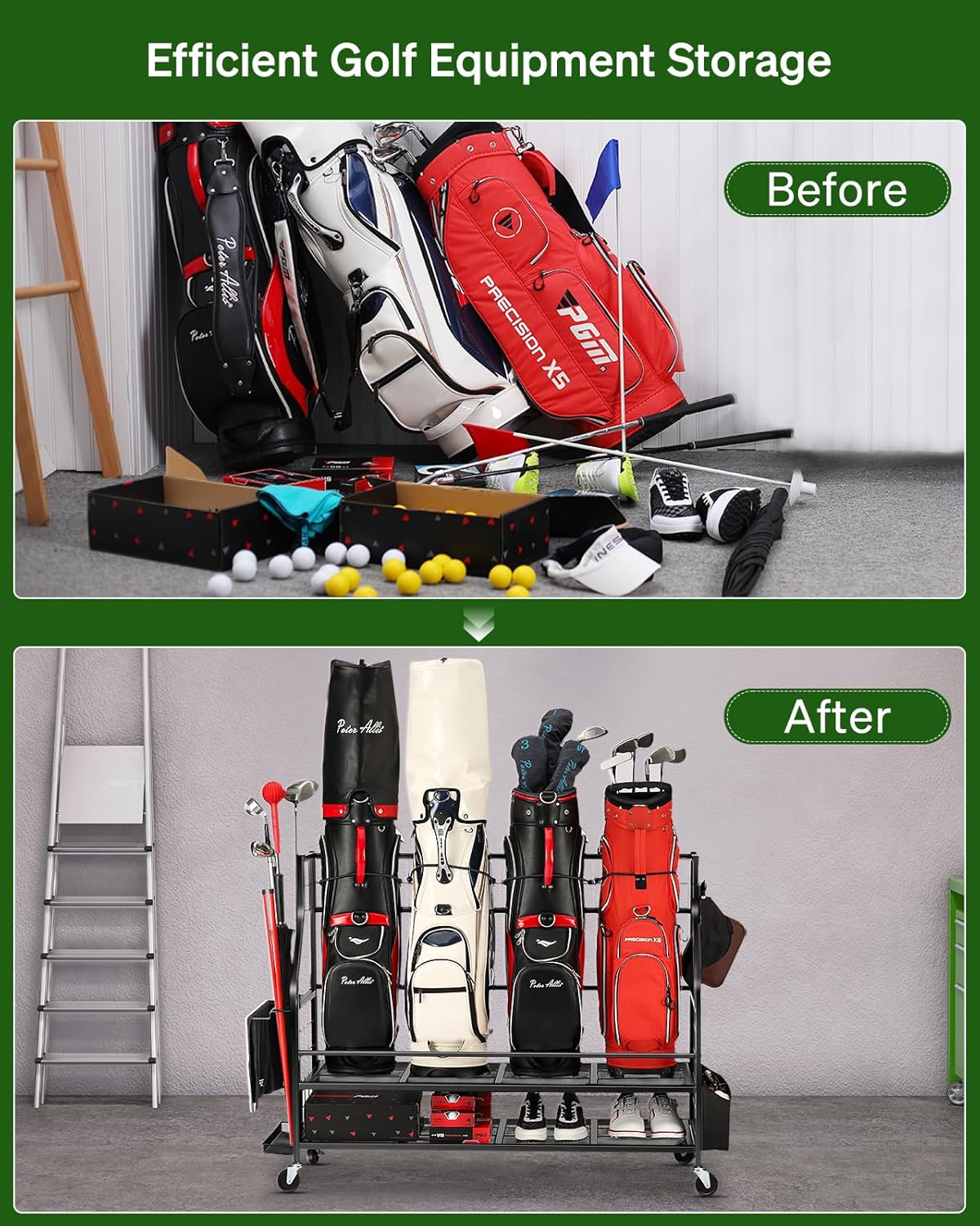 Golf Bag Storage Garage Organizer- Golf Bag Stand Fit for Golf Bags, Golf Clubs, Golf Balls, Golf Equipment Accessories, Golf Bag Storage Rack with Wheels for Garage