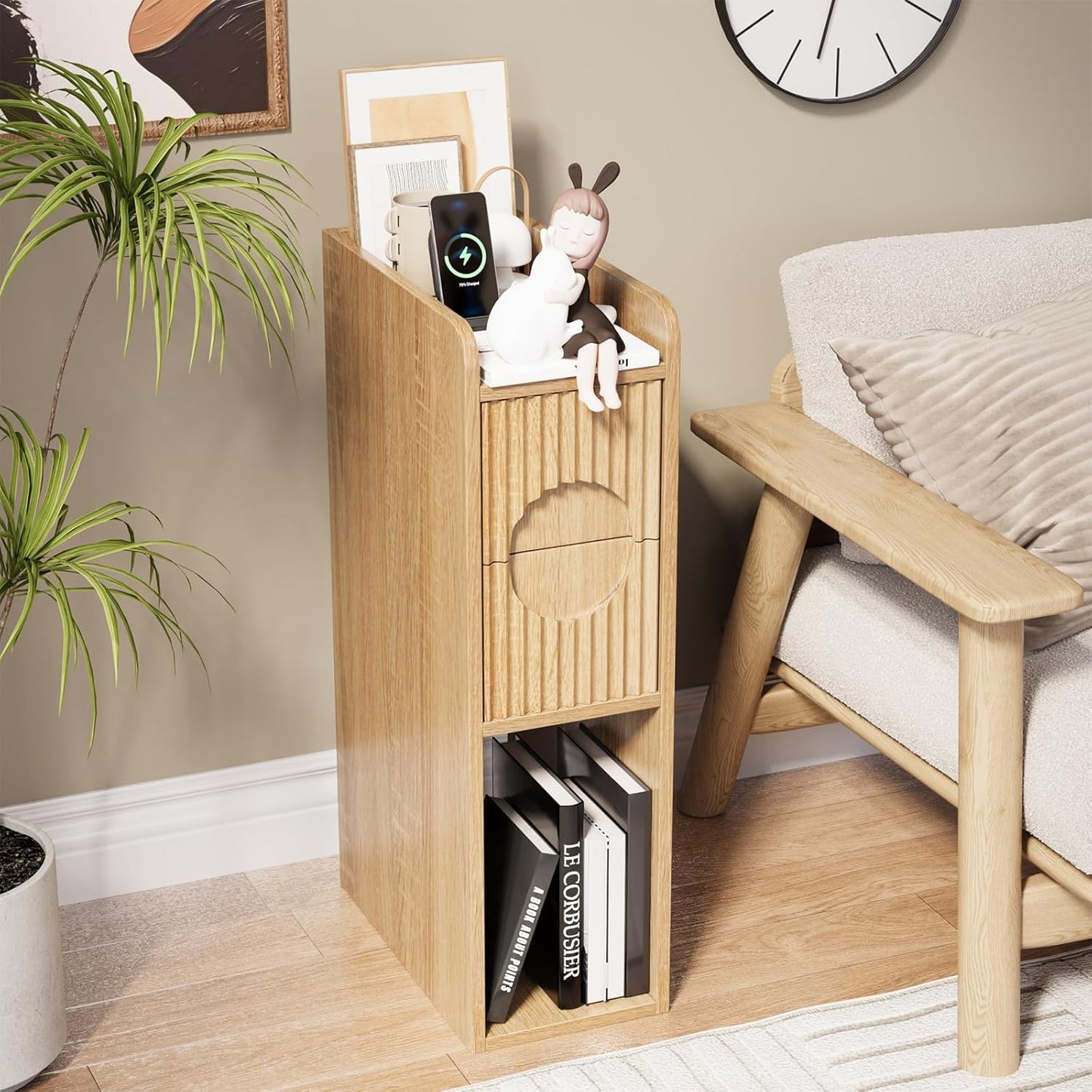 Slim Bedside Table Set of 2, Narrow Nightstand with Drawers, Fluted Wood Nightstand, Mid Century Modern End Table, Skinny Tall Nightstand, for Bedroom Natural