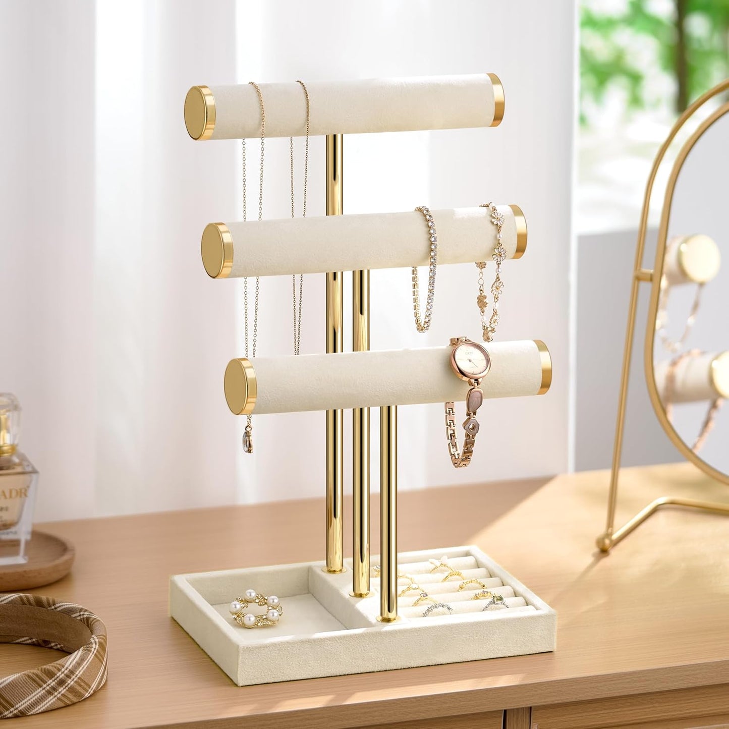 Bracelet Holder Jewelry Organizer Display - 3 Tier T Bar Velvet Stand, Beige Jewelry Storage for Bracelet, Necklaces, Watches
