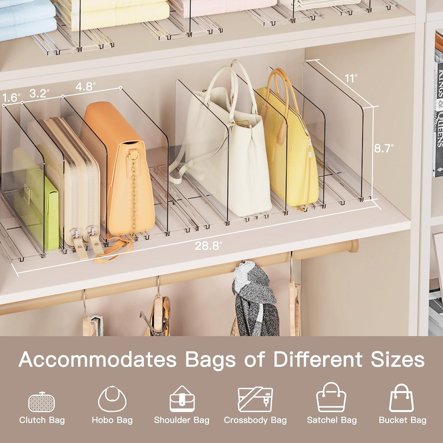 Criusia Adjustable Closet Purse Organizer Rack – 28.8" Extra-Long Shelf Divider with 12 Base Panels & 16 Dividers – Non-Slip Handbag Holder for Bags, Clothes, Kitchen, Office